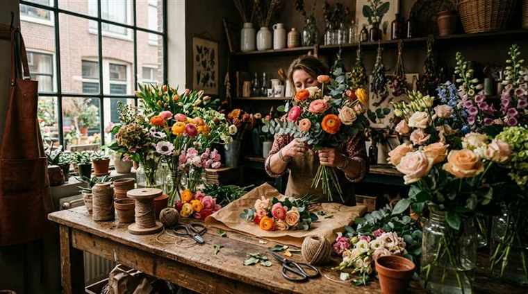 Meesterbloemist van Bloemtique Bloemen bindt een vers boeket in Rotterdam