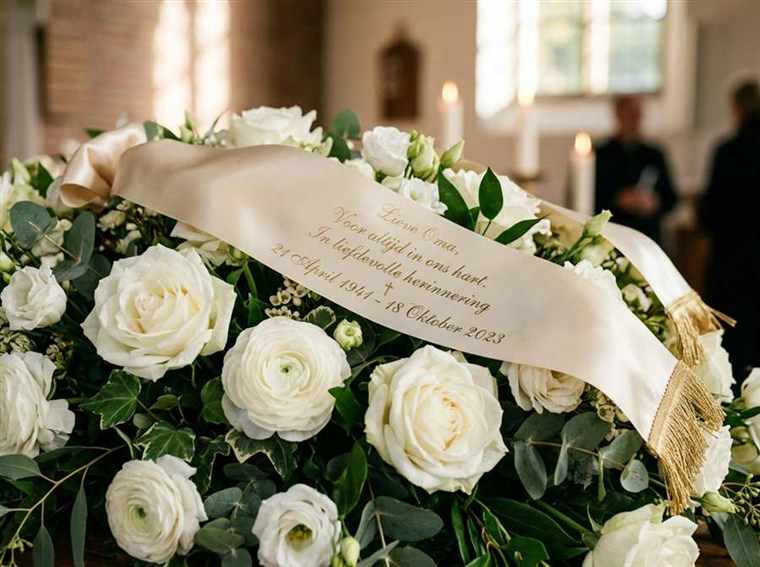 Rouwstuk met bedrukt rouwlint en persoonlijke tekst